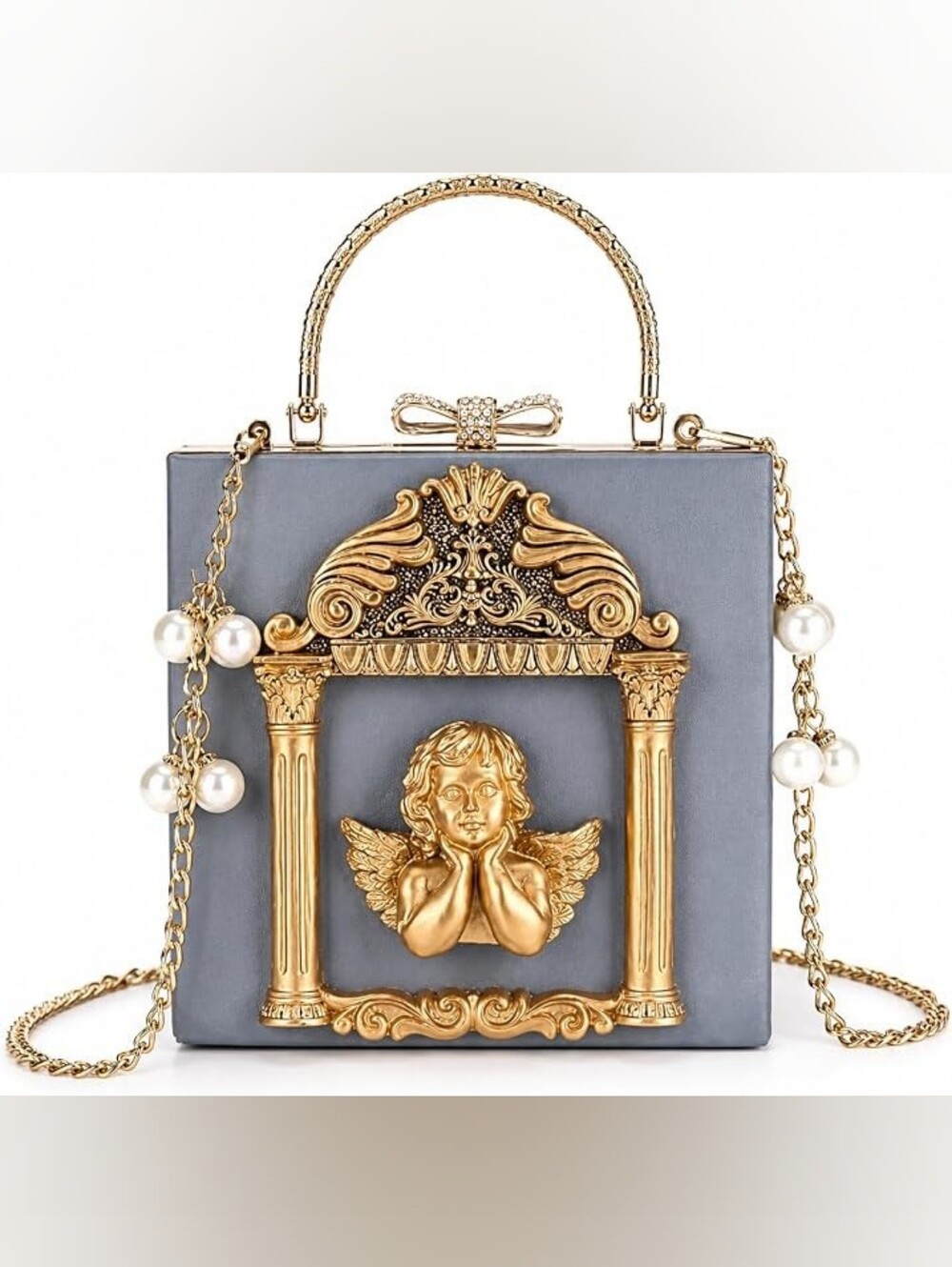Ethereal Steel Dusty Blue Box Framed Angel Adorned Evening Purse